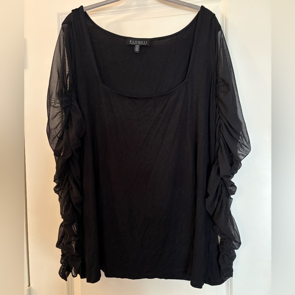 Square Neck Ruched Sheer Long Sleeve Top